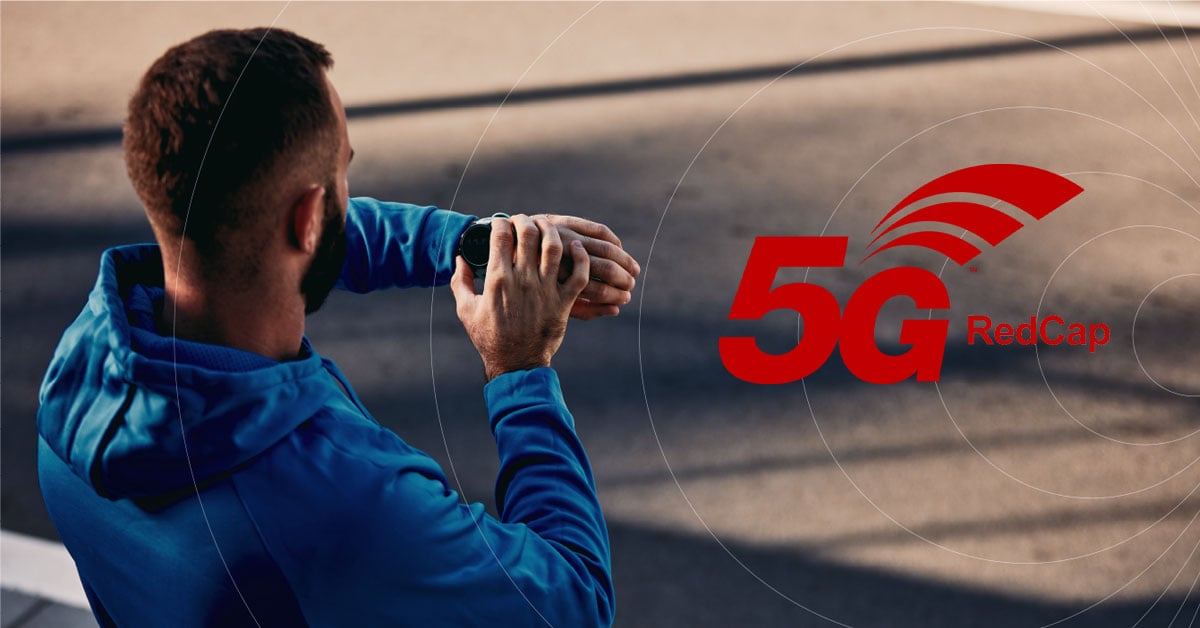Man checking smartwatch connected via 5G RedCap, illustrating efficient, low-power IoT connectivity for wearables and smart devices.