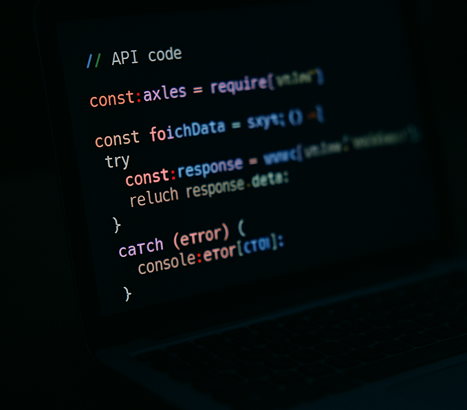 API code zoomed in on a laptop in a dark room with small focus depth.