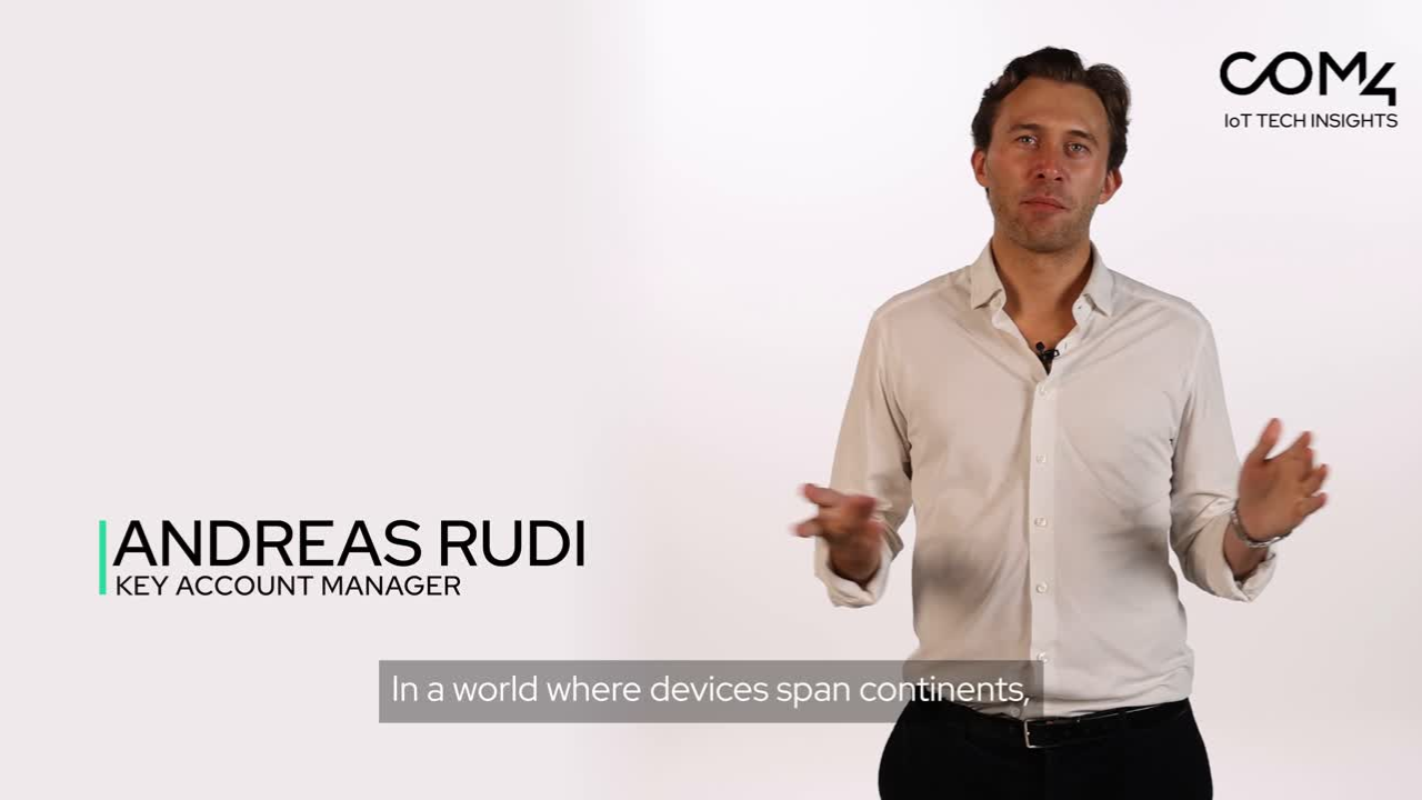 Andreas from Com4 presenting how Com4’s global IoT connectivity ensures reliable and secure coverage across cellular and satellite networks worldwide.