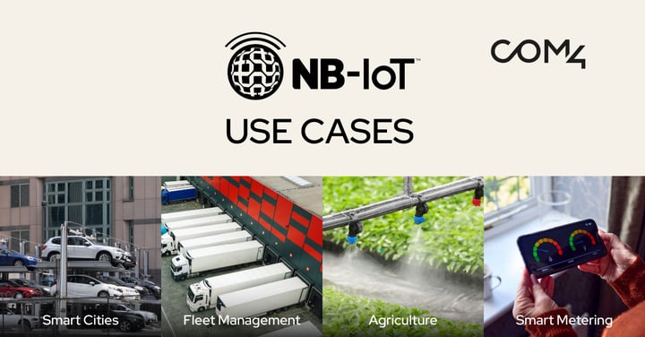 Illustration of NB-IoT applications including utilities, logistics, healthcare, and environmental monitoring.
