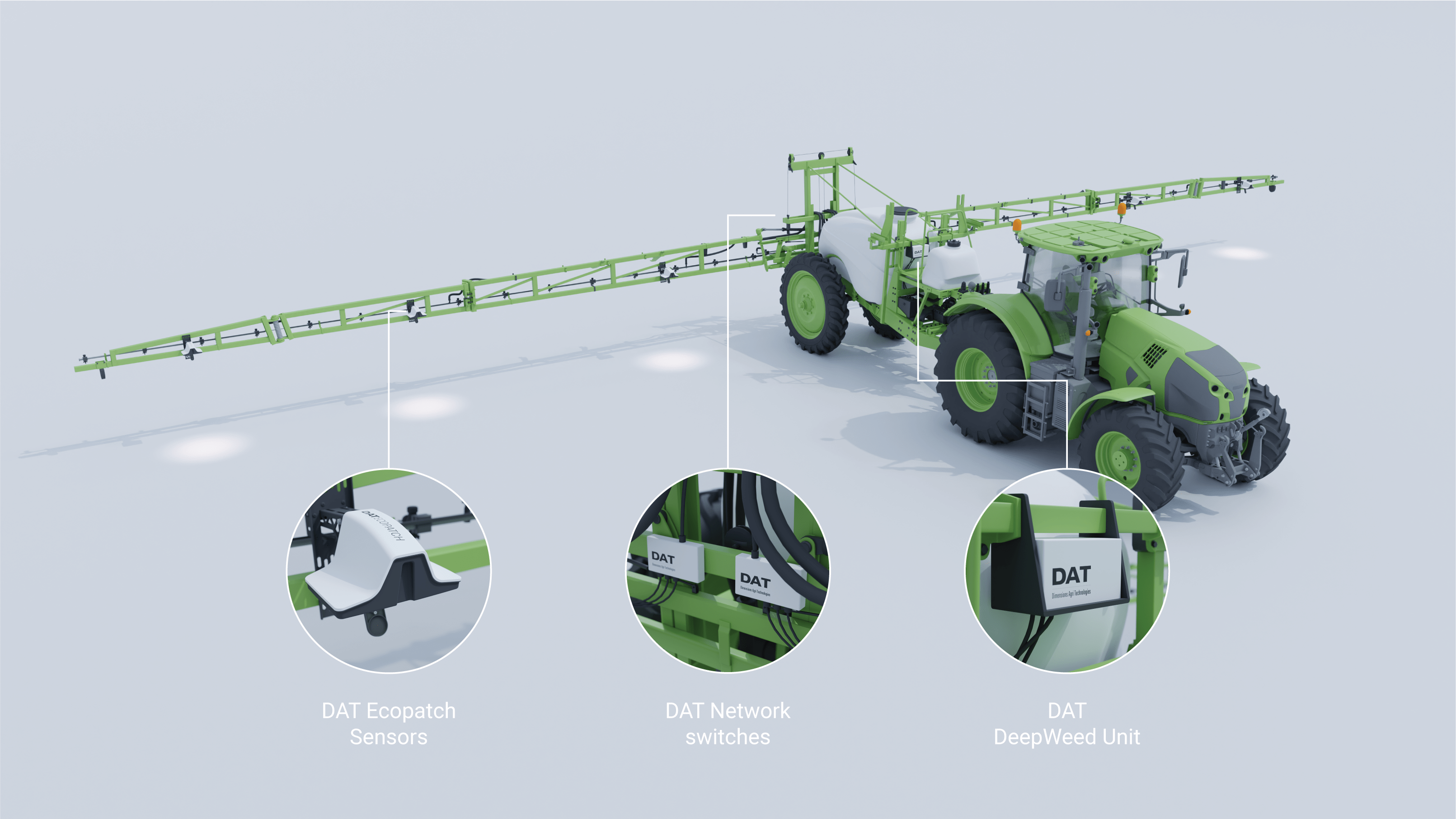 System czujników Dimensions Agri Technologies zainstalowany na ciągniku, wykorzystujący sztuczną inteligencję i łączność IoT do precyzyjnego zwalczania chwastów na polu.