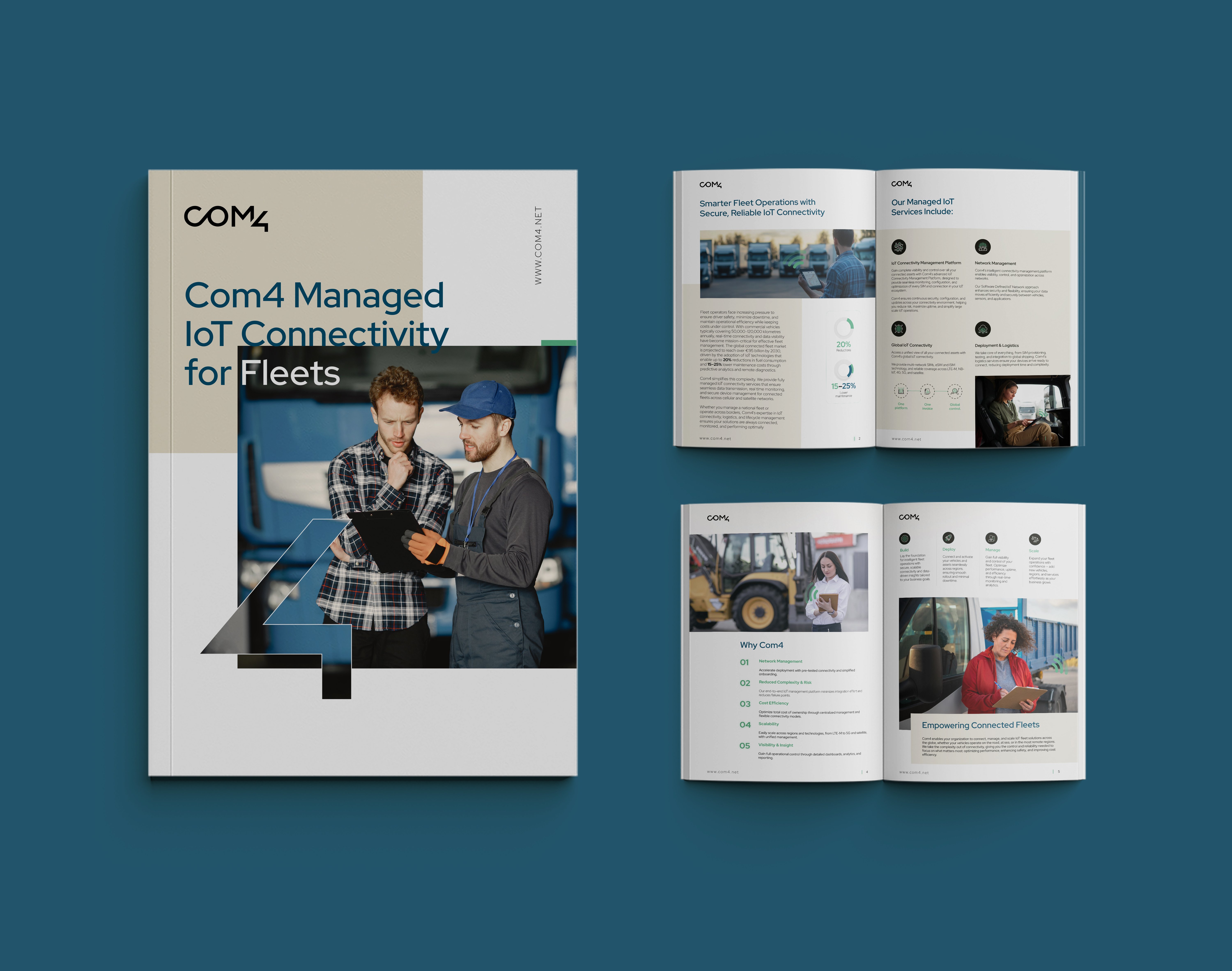 Com4 Fleet Management data sheet highlighting managed IoT connectivity for vehicles, real time monitoring, and global network coverage