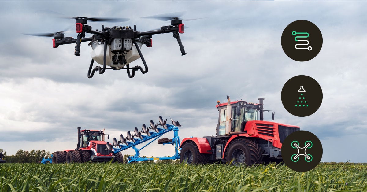 Industrial IoT drone operating over farmland to enhance agricultural efficiency and data-driven insights