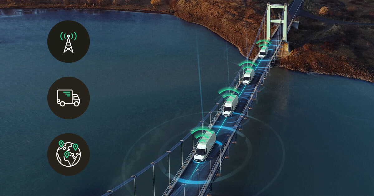 Mixed traffic of passenger cars and freight trucks drives over a bridge while wireless symbols indicate vehicle telematics and V2X over cellular IoT (4G, 5G, LTE-M, NB-IoT) for tracking and safety.