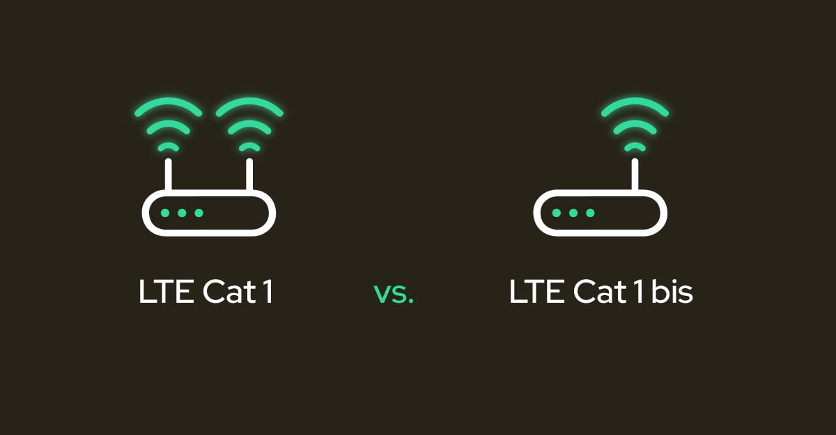 Diagram comparing LTE Cat 1 and LTE Cat 1 bis. LTE Cat 1 uses two receive antennas, while Cat 1 bis uses a single antenna, resulting in lower device cost and simpler design for Cat 1 bis, with similar data rates and coverage suitable for many IoT applications.
