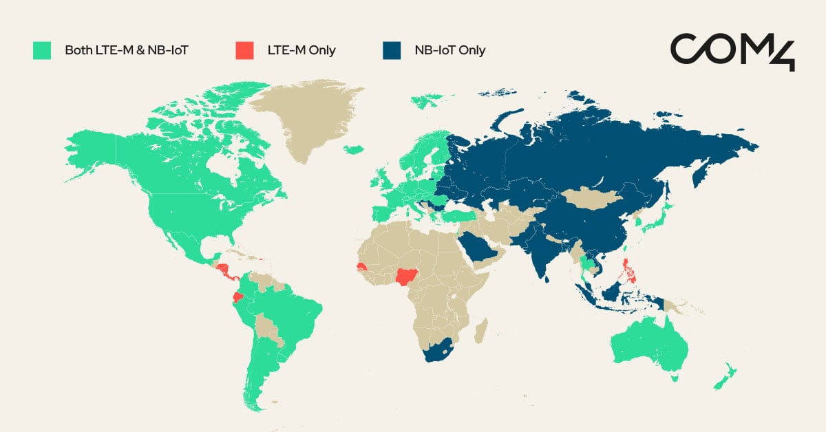 Global coverage map showing NB-IoT and LTE-M network availability.