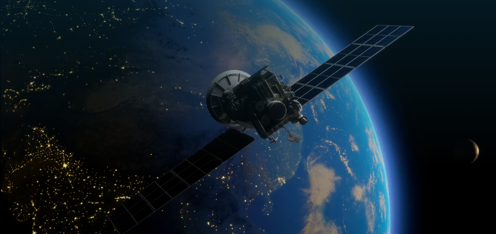 Satellite orbiting Earth representing global satellite connectivity for enterprise IoT