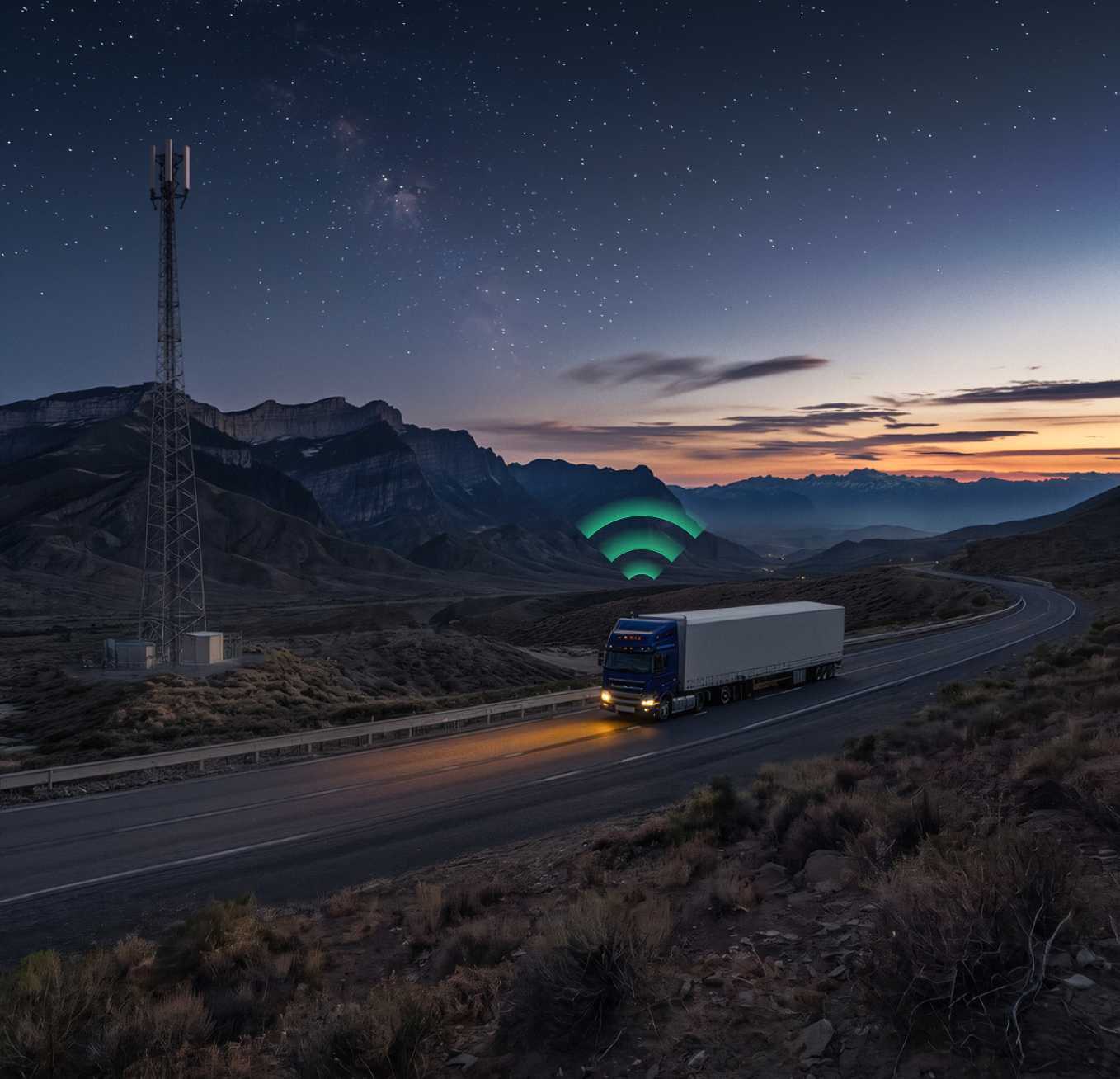 Truck driving past cellular tower