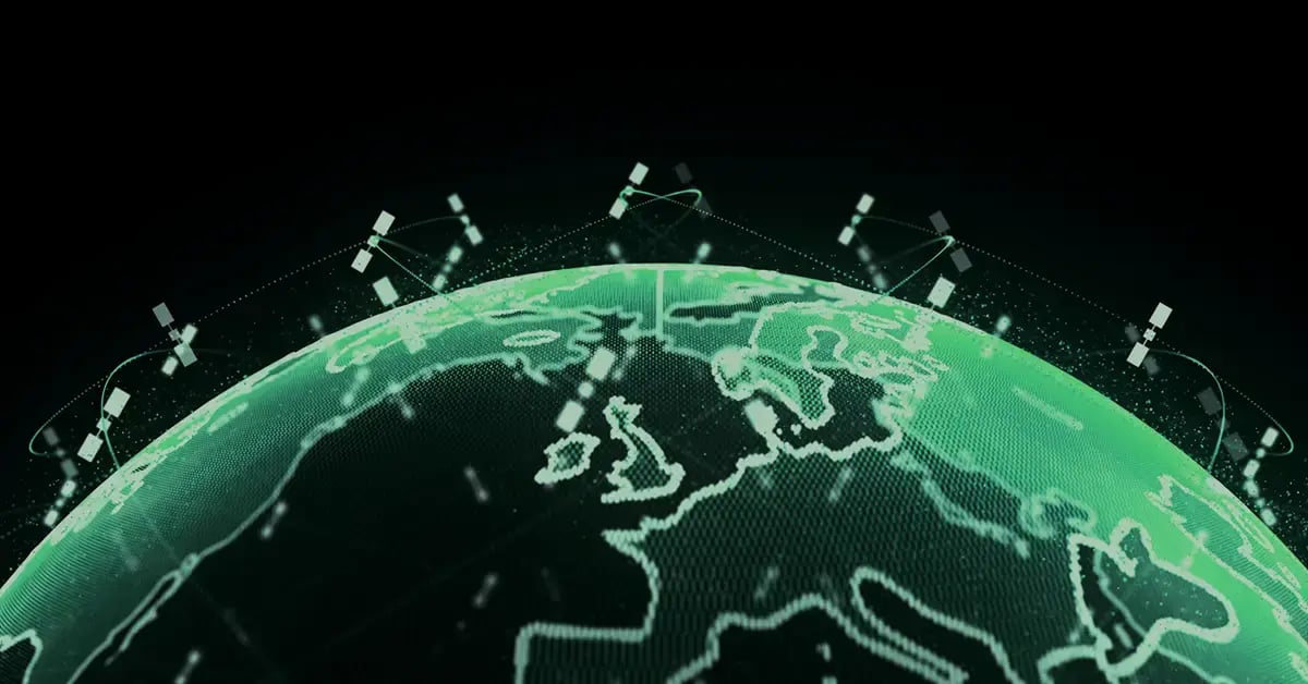 Global satellite network illustration showing digital Earth map with connected satellites orbiting over Europe — global connectivity and communication technology