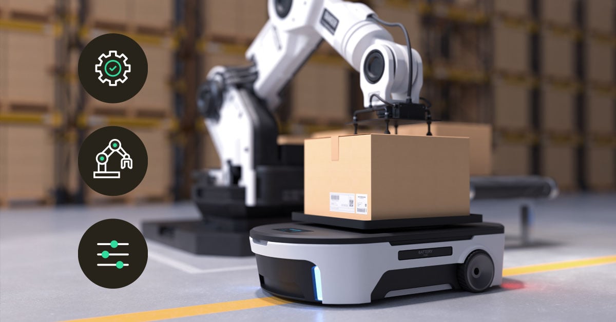 Autonomous robots moving packages in a smart warehouse using IoT connectivity.
