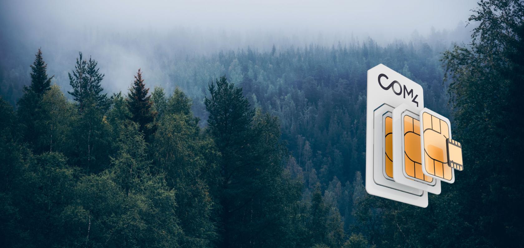 Forest landscape with a SIM card overlay illustrating Multi-IMSI global roaming coverage