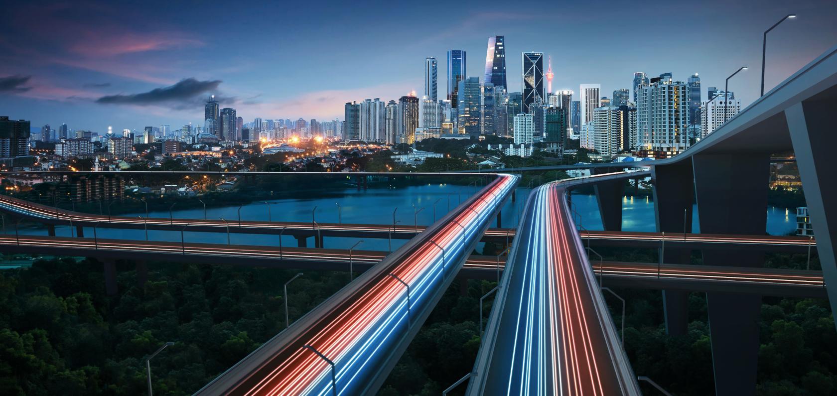 Night view of a smart city with connected lights and networks