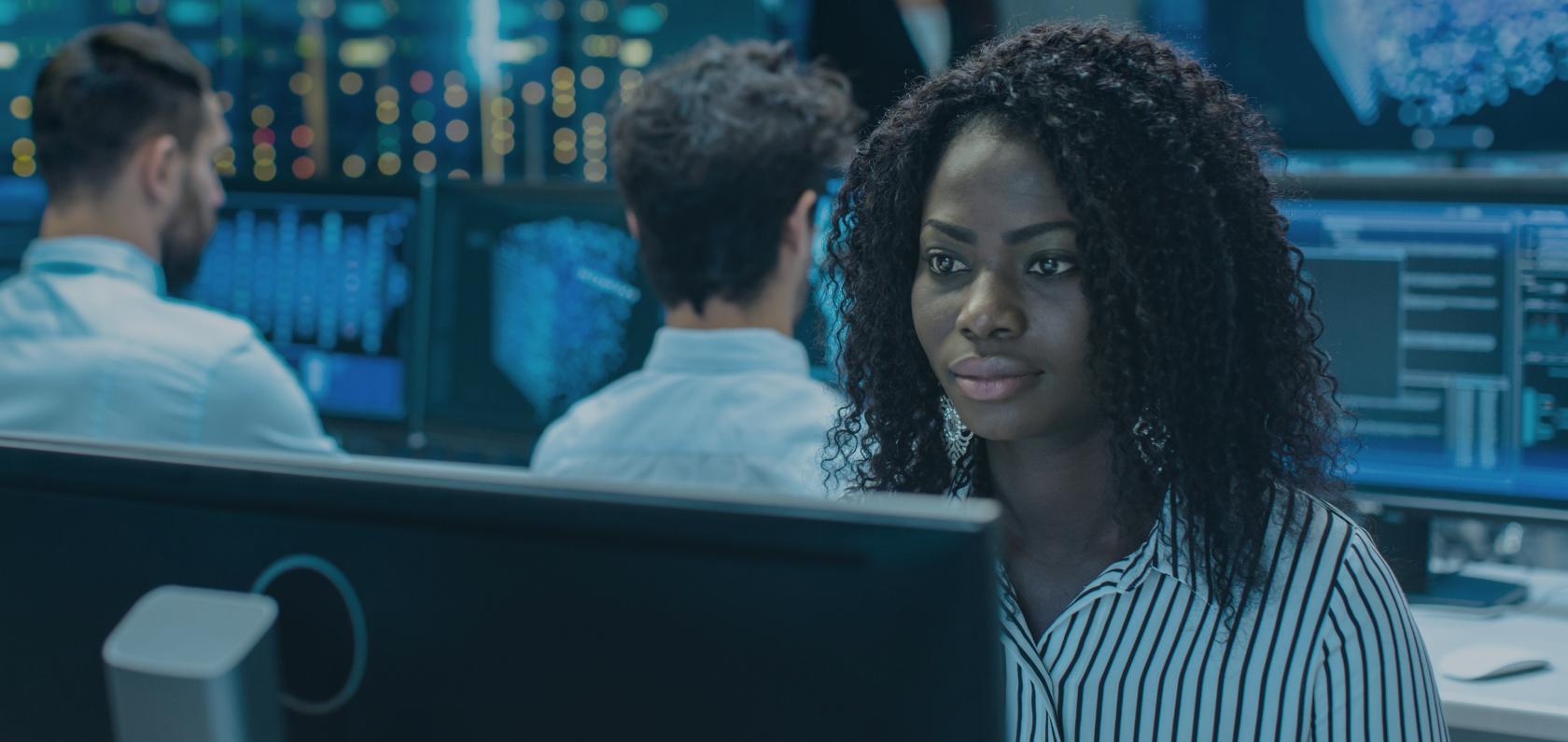 Woman infront of screen top