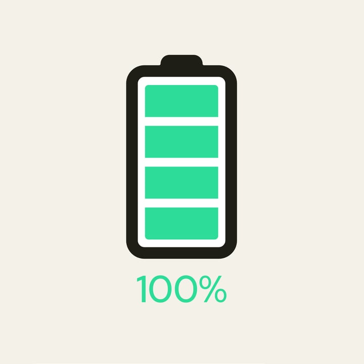 Icon of a fully charged battery at 100%, illustrating long IoT device battery life.