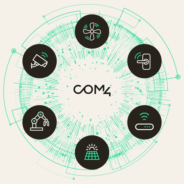 Com4 logo surrounded by six icons representing connected IoT devices — smart fan, security camera, robotic arm, smart lock, router, and solar panel.