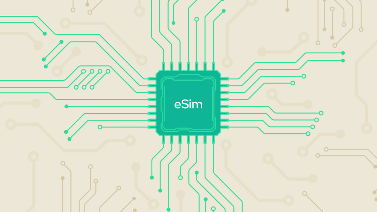 Illustration of a green eSIM microchip labeled 'eSim' at the center of a circuit board pattern, with green and beige circuit traces radiating outward on a cream background."