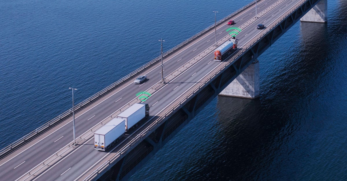 Fleet of trucks connected through Com4 IoT SIMs for secure, reliable data transfer and operational visibility.