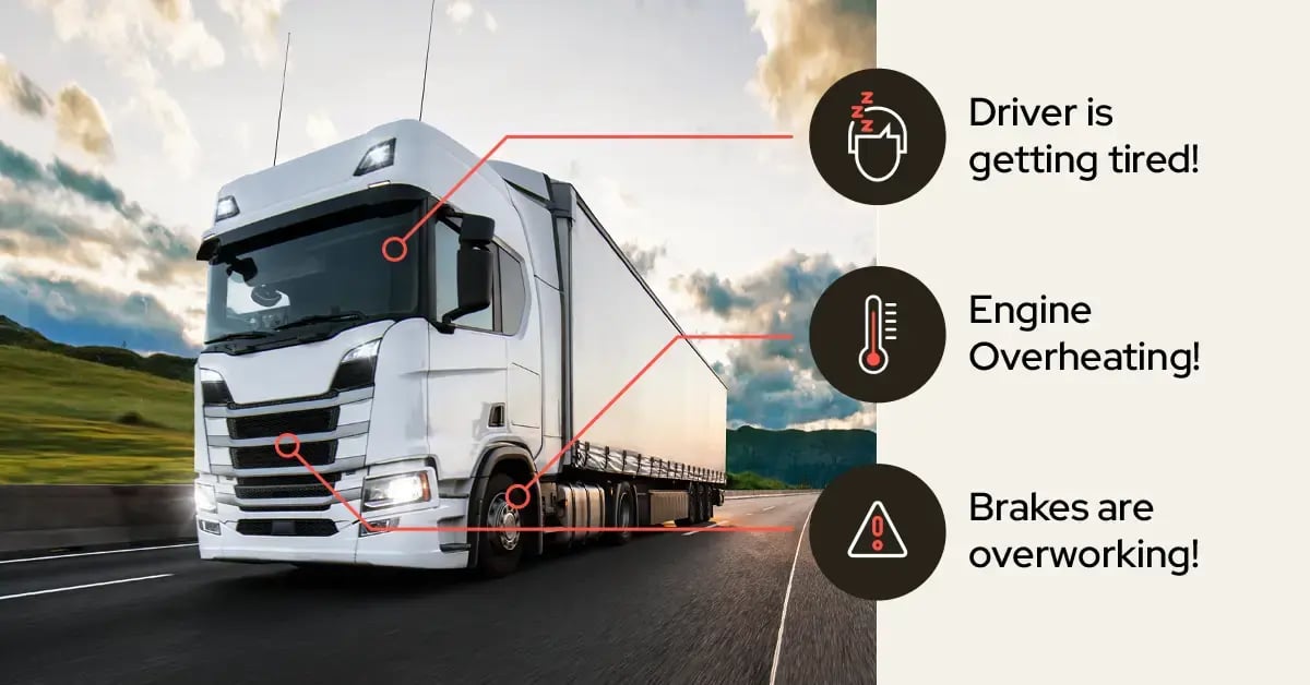 IoT-connected semi-truck on a highway with sensor alerts flagging driver fatigue, engine overheating, and brake overuse in real time.