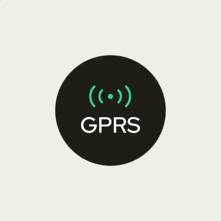 This is a logo for a brand or product called "GPRS." A dark circular badge features a stylized signal or radio-wave icon in green (a central dot with two curved bracket-like arcs radiating outward, resembling wireless signal waves), with the word "GPRS" in white block letters beneath it.