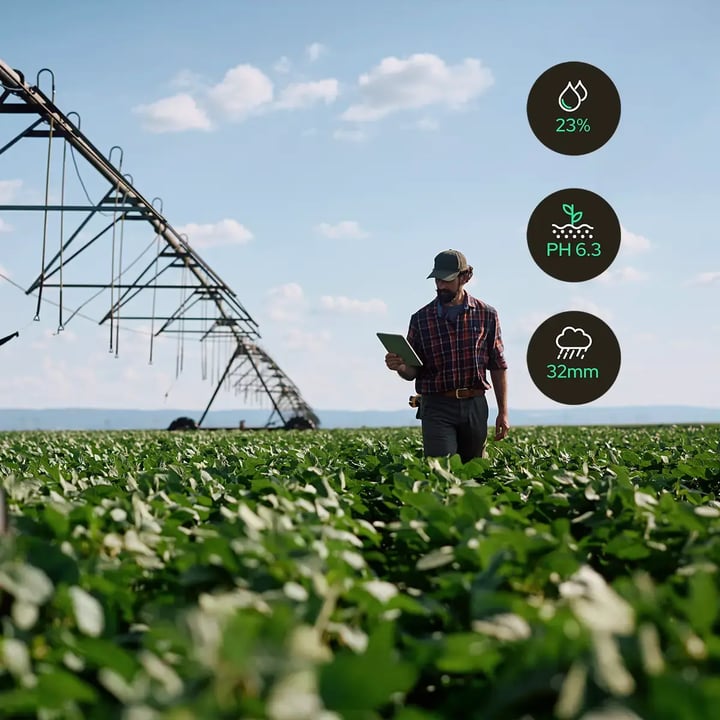 Farmer with a tablet in a crop field checking IoT sensor data for soil moisture, pH and rainfall