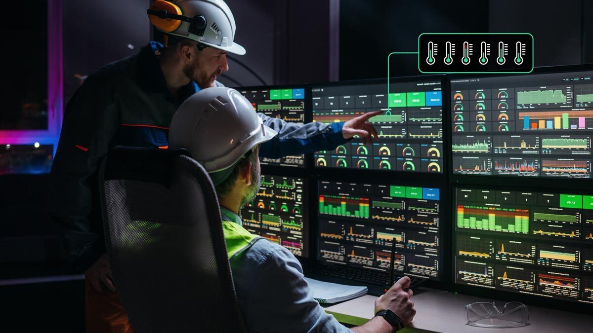 Team in an operations center reviews real-time KPIs, alarms, and sensor data from production lines via cellular IoT (LTE-M, NB-IoT) to ensure uptime, safety, and quality.