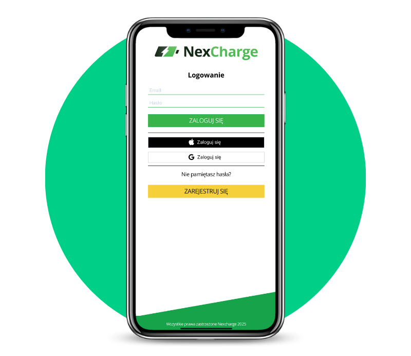 Smartphone showing the NexCharge app login screen