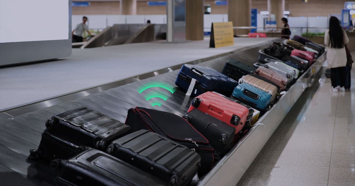 IoT-powered luggage tag sensor helping travelers track lost baggage in real time, improving security and supporting travel insurance claims.