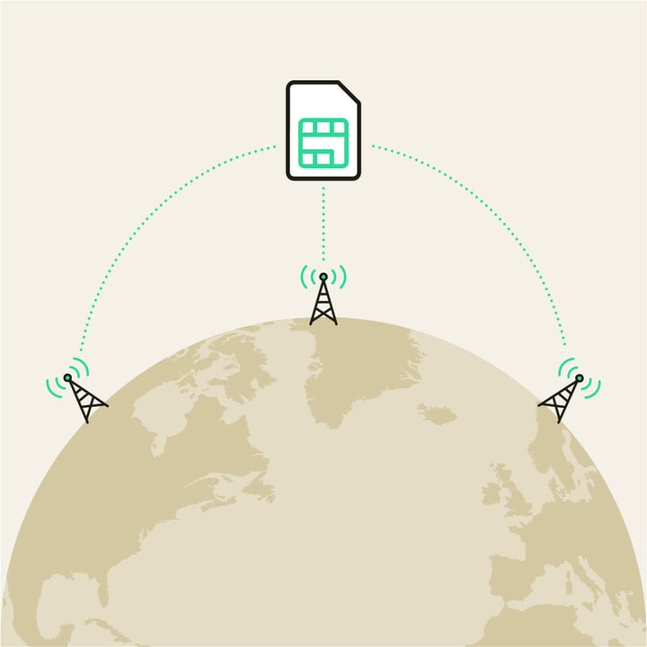 Illustration of a SIM card icon above a globe, connected by dotted lines to three network tower icons positioned across different regions of the globe, representing global network connectivity.