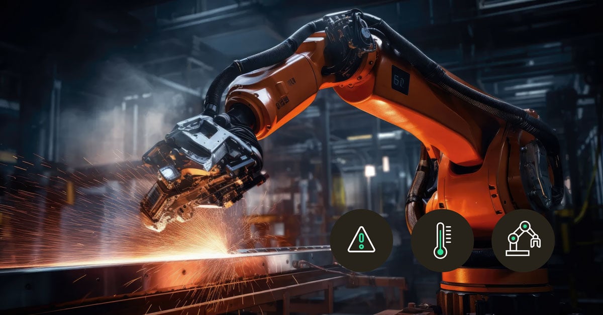 Industrial robot using IoT connectivity with secure SIM/eSIM for real-time data transfer, smart manufacturing automation, and remote monitoring.