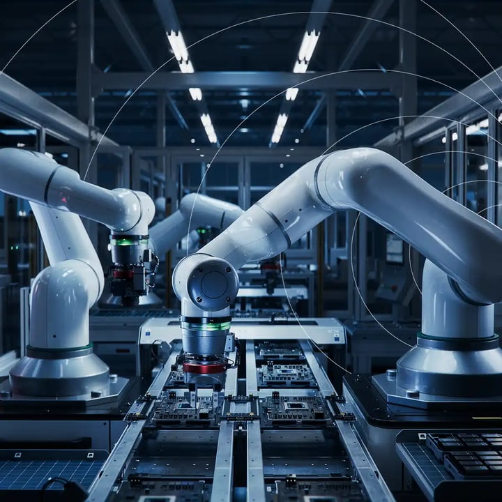 Network of AI-powered robots connected through IoT infrastructure, enabling predictive maintenance, automation, and efficient data-driven operations