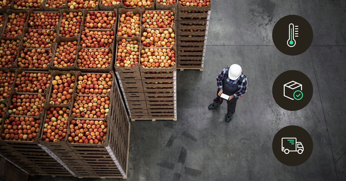 Engineers managing apple inventory boxes with IoT-enabled supply chain monitoring.