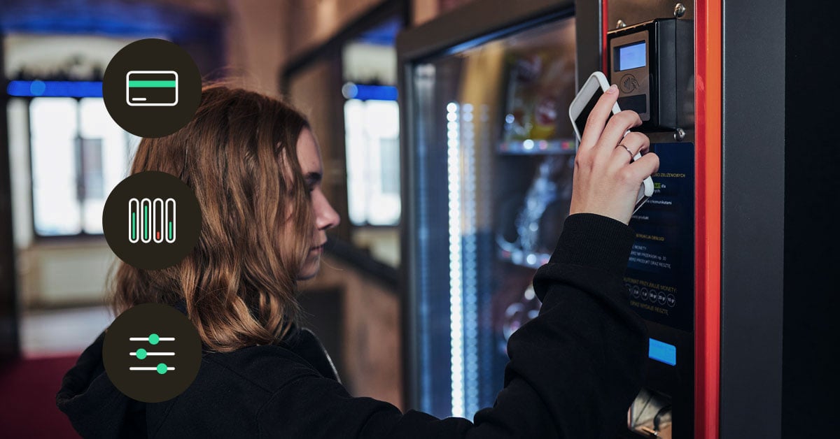 Smart vending machines connected with IoT SIM cards for real-time monitoring and cashless payments.