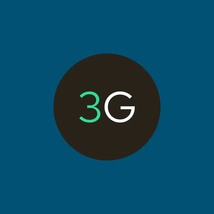 A dark circular icon on a teal blue background, displaying "3G" in the center. The "3" is green and the "G" is white, both in a thin outlined font.