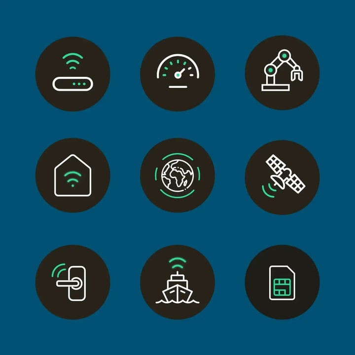 Nine Com4-branded IoT icons in a 3×3 grid — router, gauge, robotic arm, smart home, globe, satellite, smart lock, connected vessel, and SIM card — set in Com4 green and white on a Nordic Blue background.