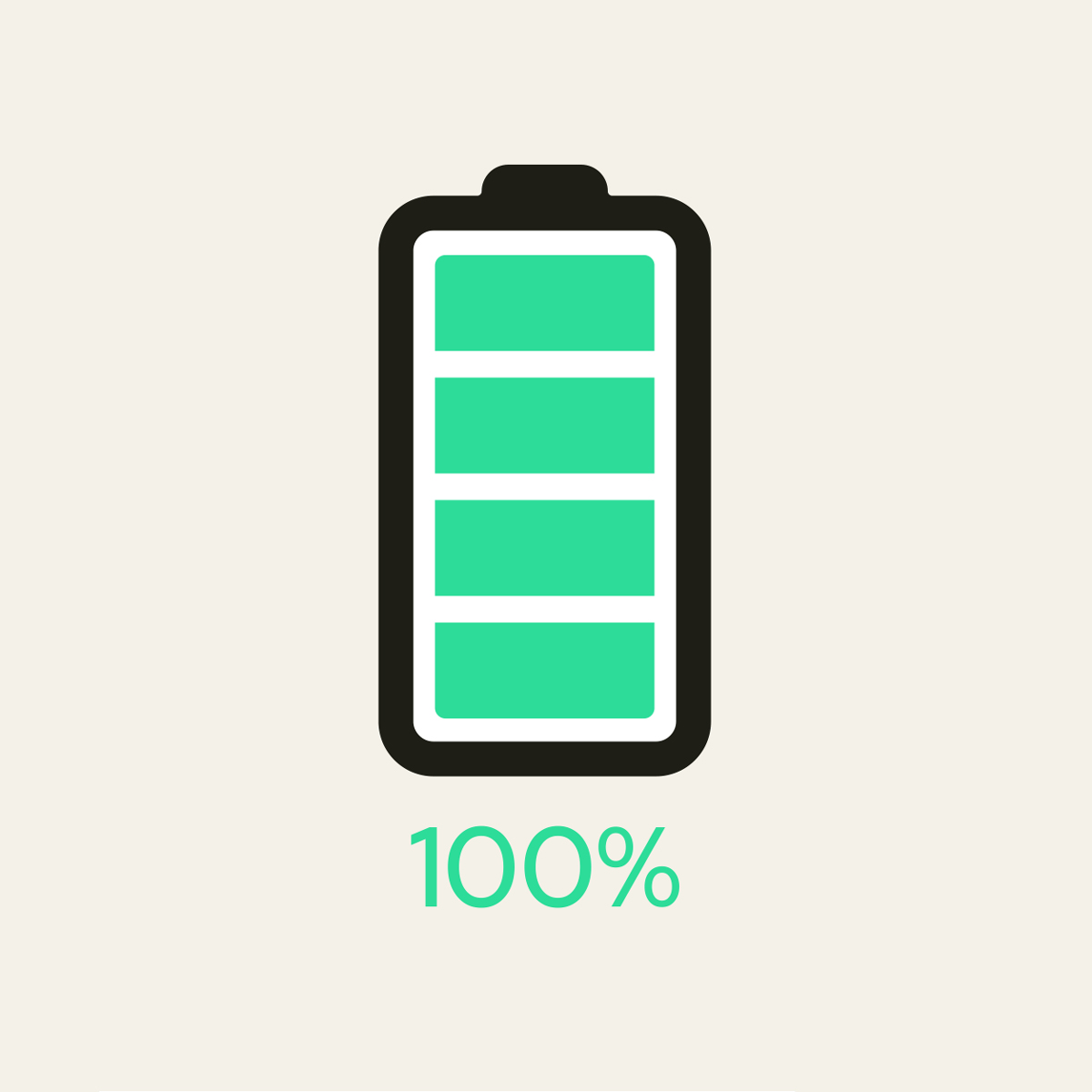 Icon of a fully charged battery at 100%, illustrating long IoT device battery life.