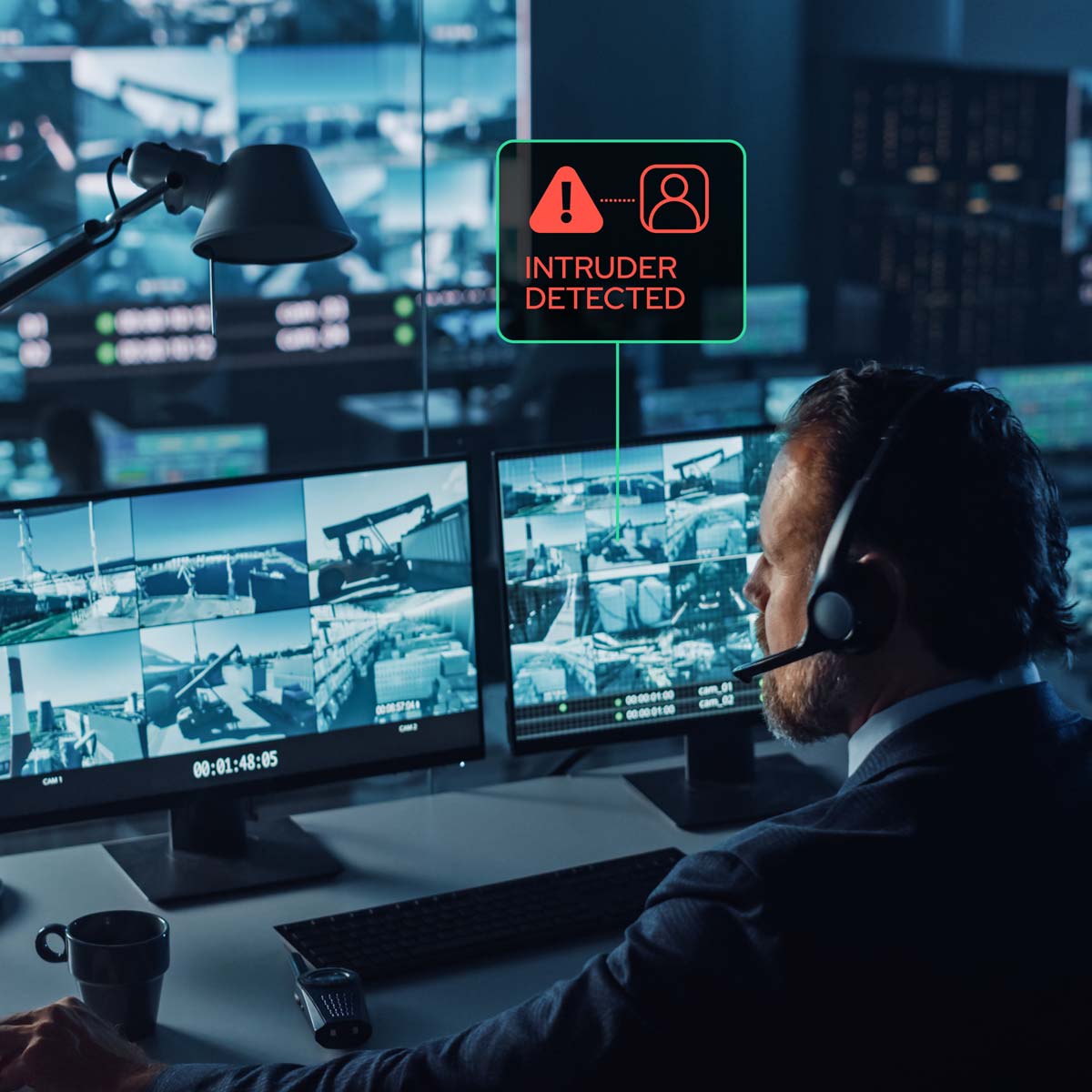 Mennesket overvåker IoT-aktivert alarmsystem på flere sikkerhetsskjermer ved hjelp av mobil IoT-tilkobling