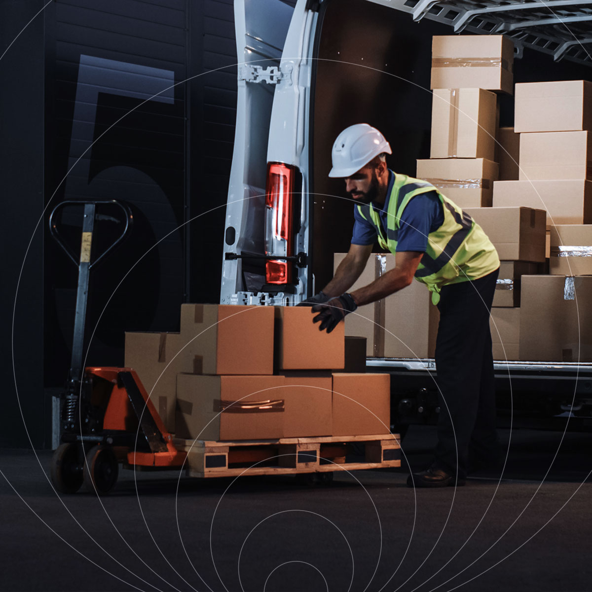 Illustration of IoT technology connecting supply chain assets including trucks, warehouses, and sensors through a digital network.